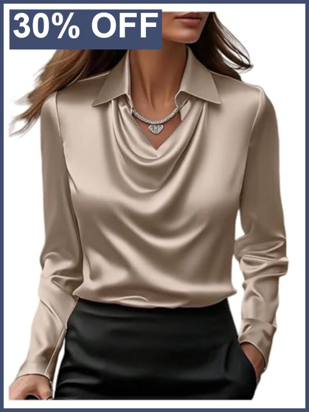 Satin Silk Blouse Cowl Neck Draped Long Sleeve Collared Work Top